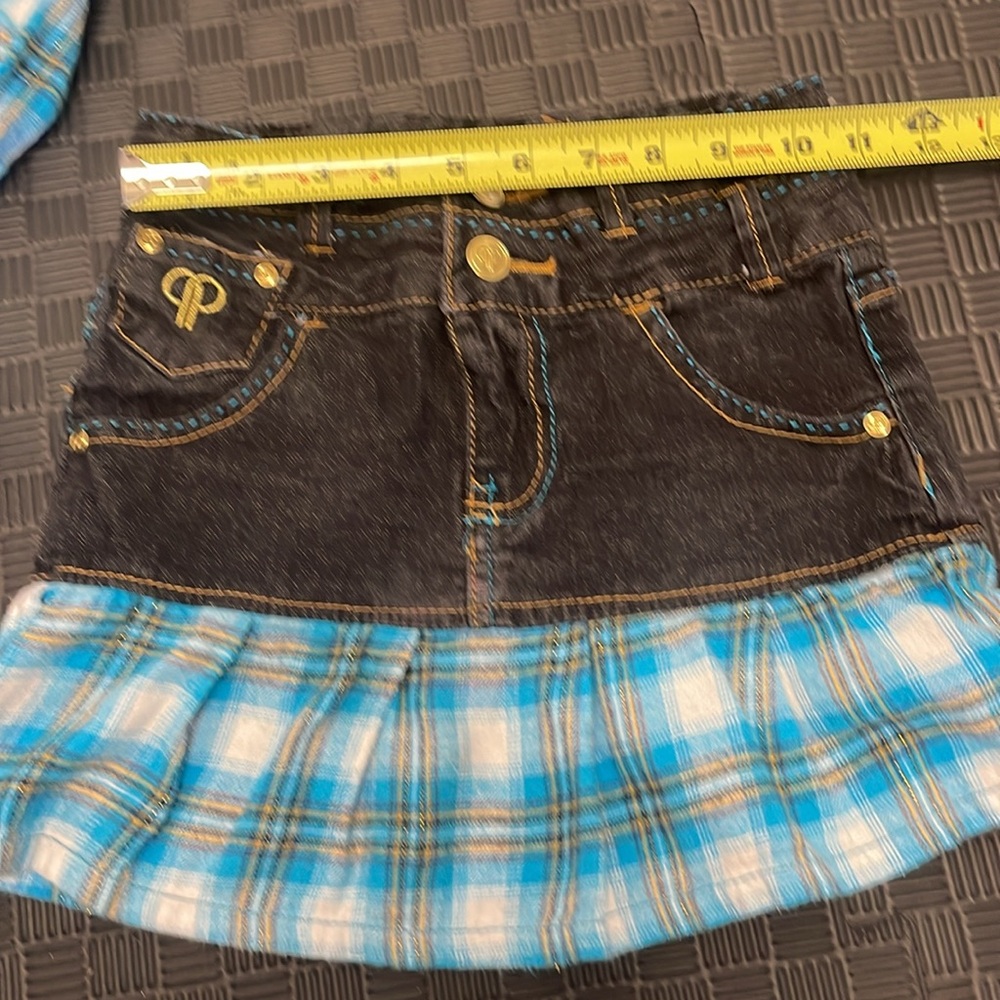Pelle Pelle black jean skirt with blue & white flannel matching ruffled top sz 7 - Picture 4 of 13